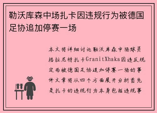 勒沃库森中场扎卡因违规行为被德国足协追加停赛一场