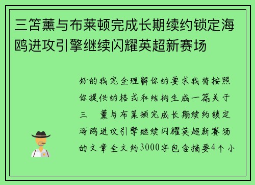 三笘薰与布莱顿完成长期续约锁定海鸥进攻引擎继续闪耀英超新赛场